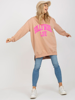 Hurtownia Beżowo-różowa długa bluza oversize z napisem