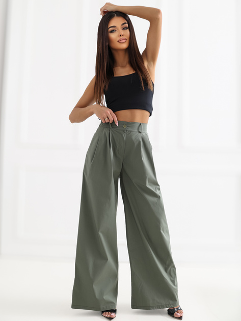 Khaki damskie spodnie palazzo z zakładkami RUE PARIS