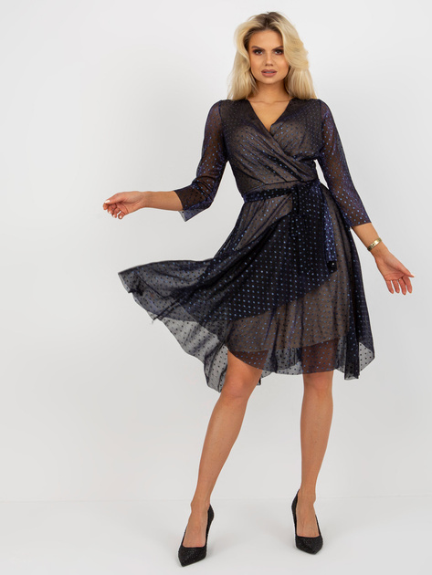 Hurt Granatowa kopertowa sukienka koktajlowa w kropki