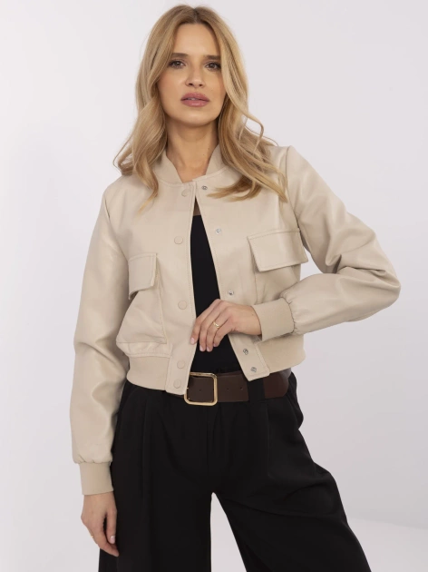 Beżowa krótka kurtka bomber z ekoskóry