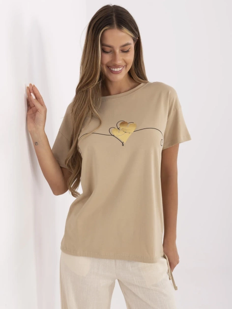 Camelowy damski t-shirt z bawełny