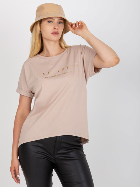 Beżowy bawełniany t-shirt plus size z napisem