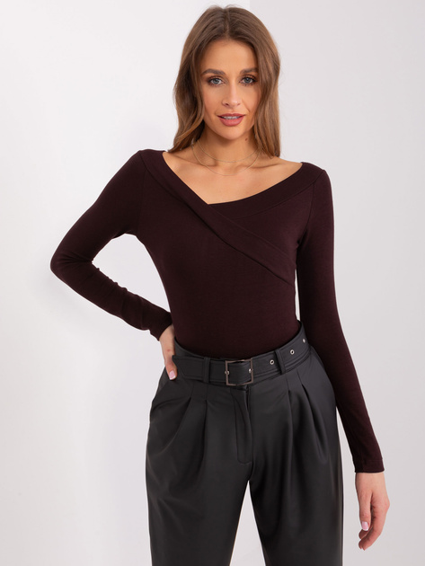 Hurtownia Ciemnobrązowa gładka damska bluzka z długim rękawem