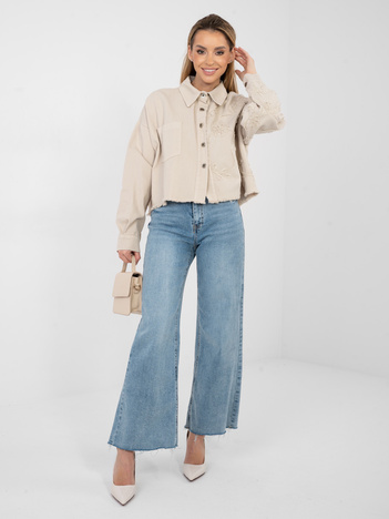 Beżowa jeansowa kurtka z kwiatową aplikacją RUE PARIS