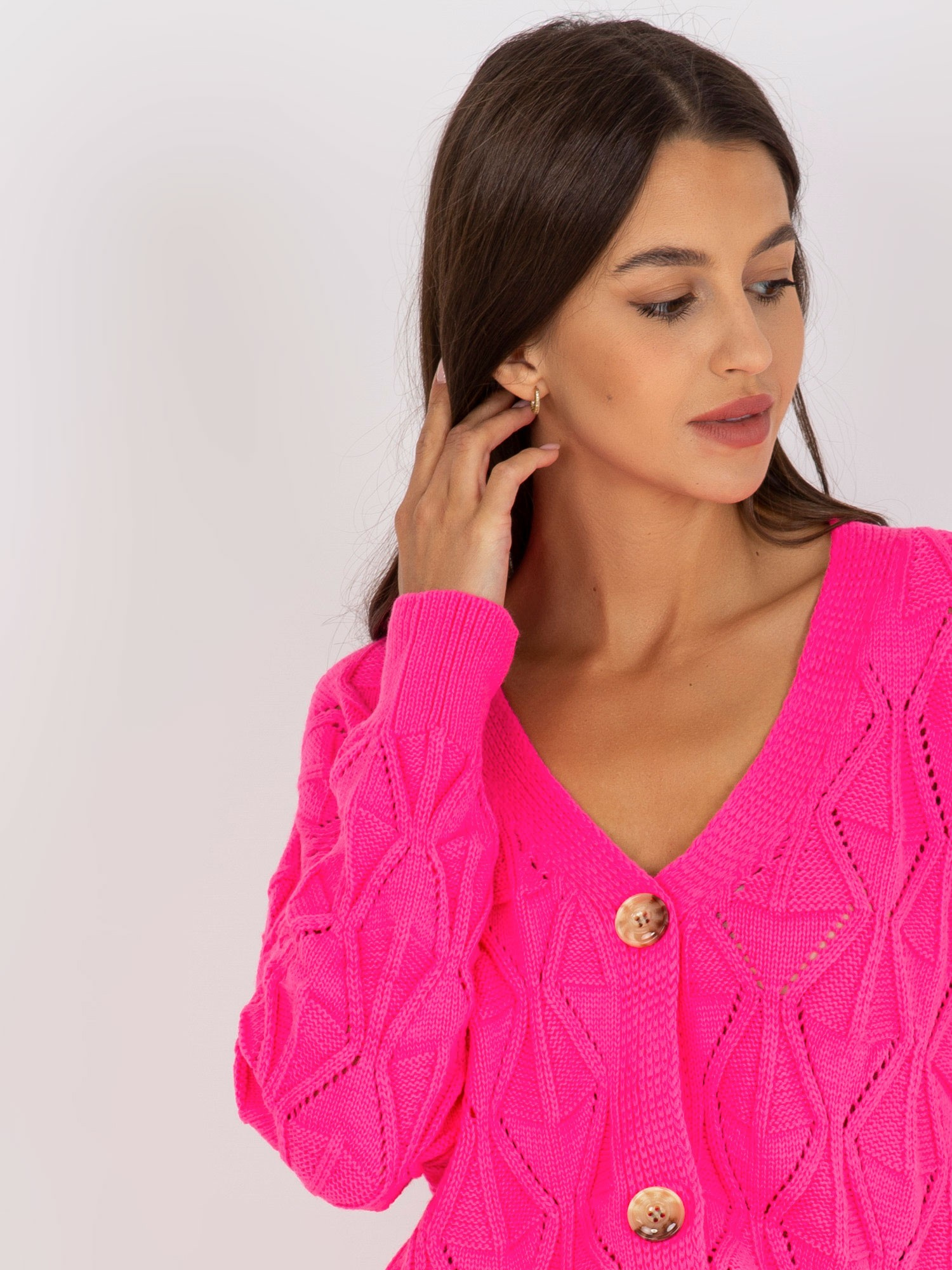 Fluo różowy ażurowy sweter rozpinany z guzikami RUE PARIS