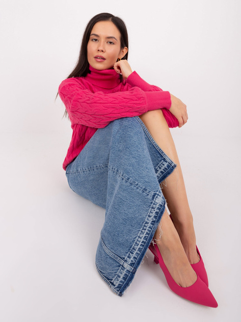 Hurt Fuksjowy damski sweter z golfem i ściągaczami