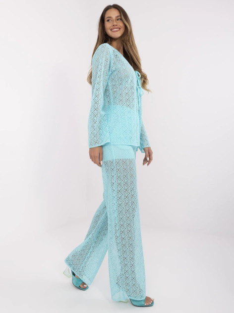 Miętowy ażurowy komplet z długimi spodniami