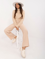 Hurt Beżowe spodnie materiałowe z zapięciem na guzik