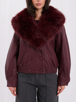 Burgundy faux leather jacket with detachable fur.