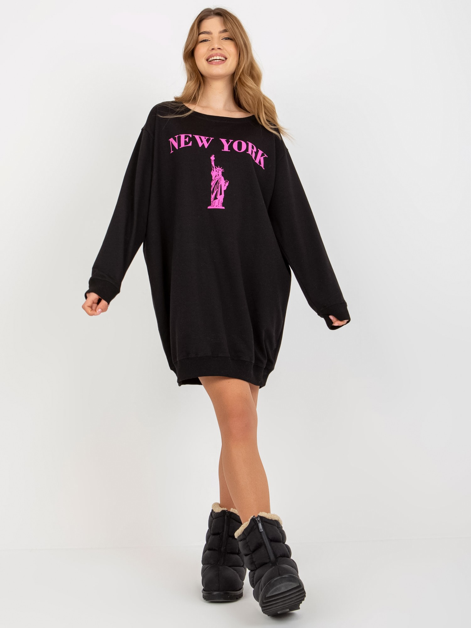 Hurt Czarno-różowa długa bluza oversize z nadrukiem 