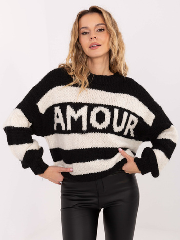 Czarno-ecru damski sweter oversize z napisem