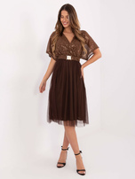 Brązowa midi sukienka z tiulowym dołem
