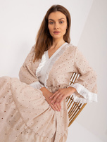 Hurt Beżowa ażurowa sukienka z falbaną i paskiem