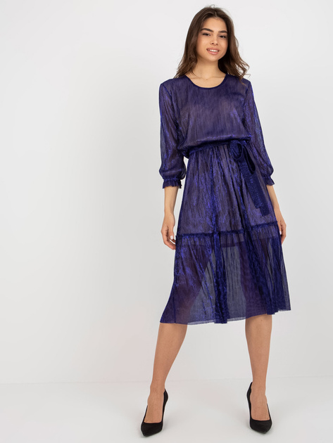 Hurt Granatowa sukienka koktajlowa z szeroką falbaną