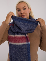 Hurt Granatowy szal damski w kratę z długimi frędzlami