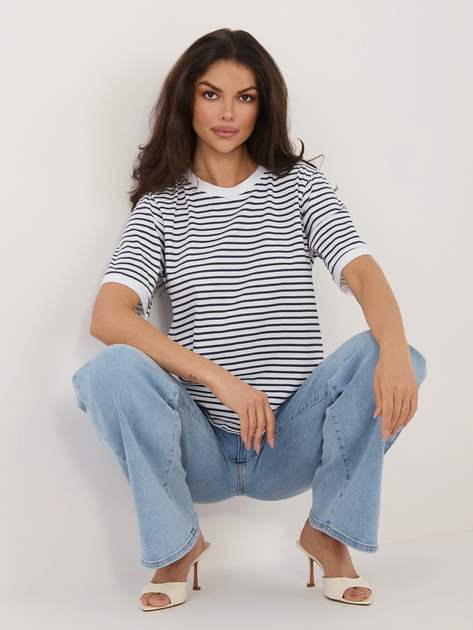 Biało-granatowy damski t-shirt z bawełny RUE PARIS