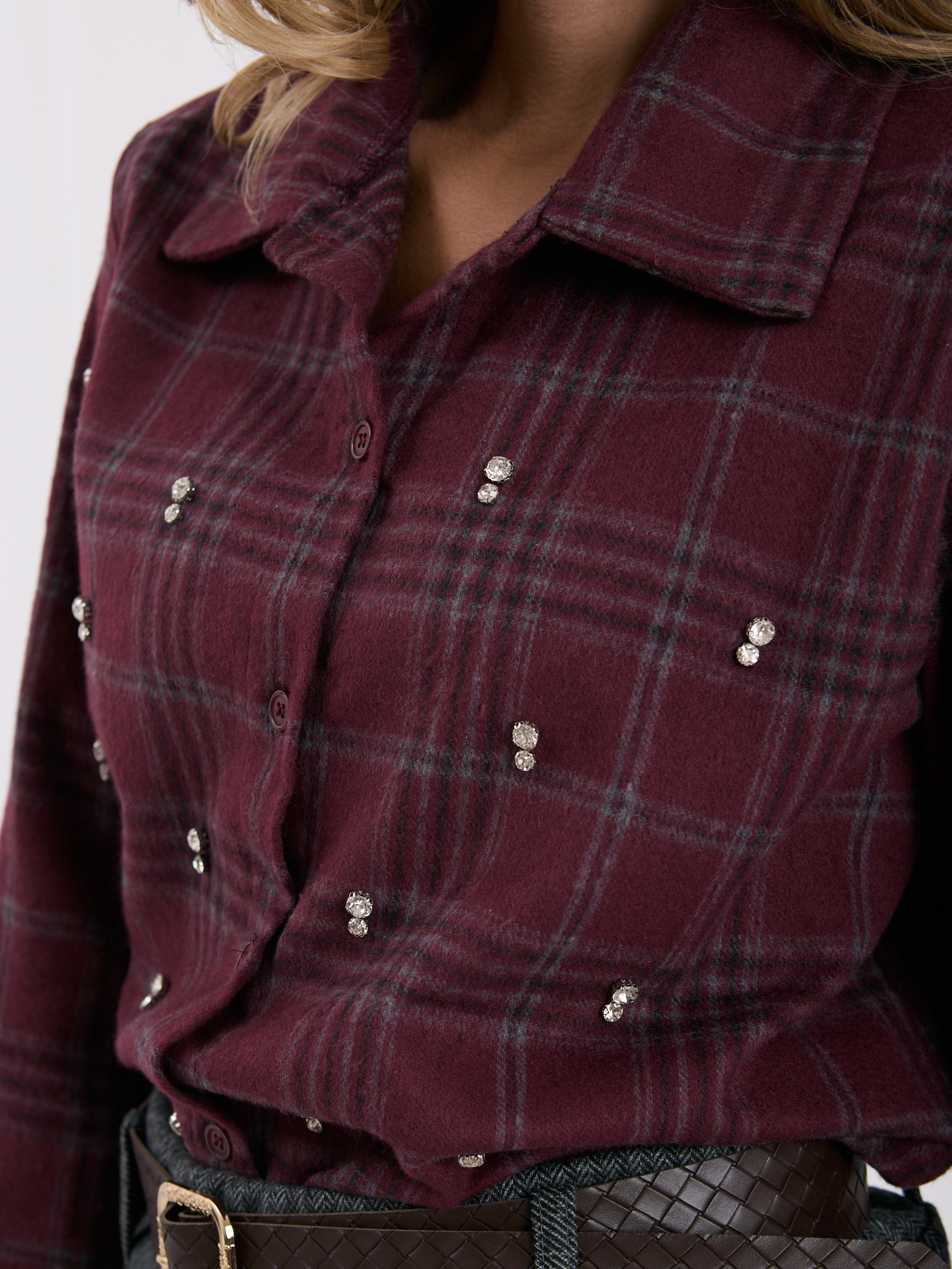 Burgundy oversized flannel checkered shirt.