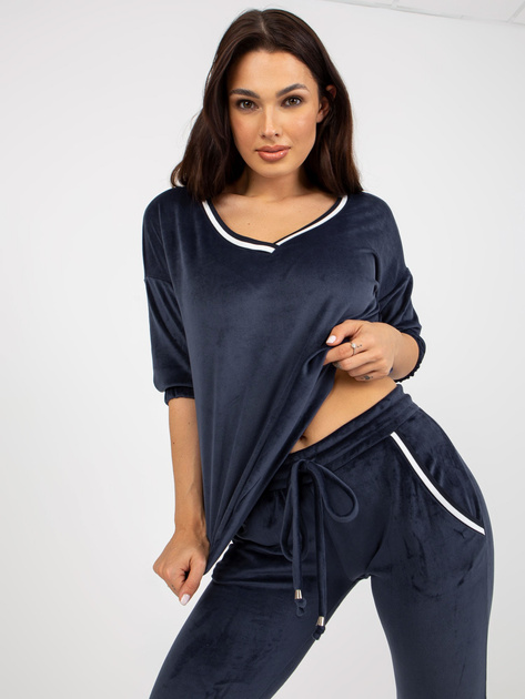 Hurt Granatowy damski komplet welurowy z rękawem 3/4