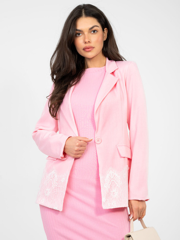 Pastelowa różowa damska marynarka z zapięciem na guzik