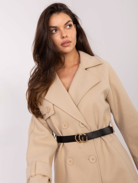 Beżowy dwurzędowy płaszcz z kołnierzem RUE PARIS