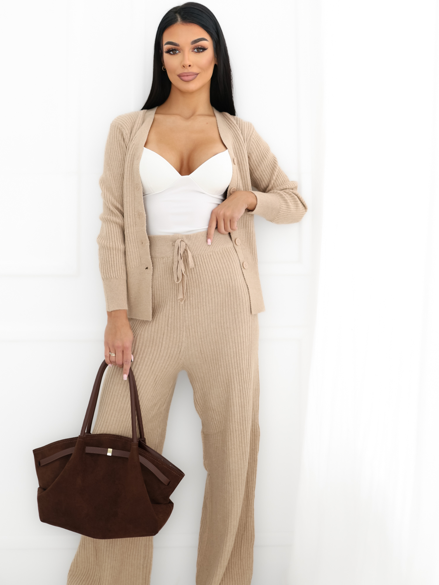 Camel sweater set with a V-neck.