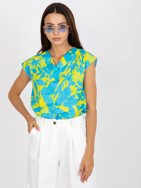 Niebiesko-żółta bluzka z nadrukiem i dekoltem w serek RUE PARIS