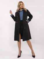 Czarny damski trencz z jeansową wstawką 