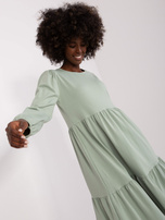 Hurt RUE PARIS Pistacjowa midi sukienka z falbaną