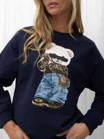 Navy sweatshirt with a round neckline and a bear applique.