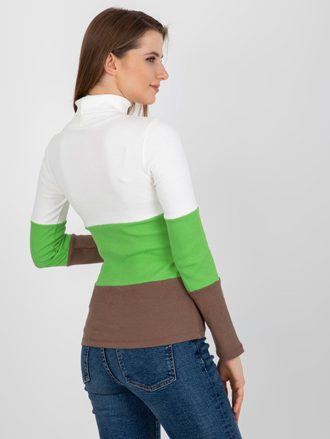 Hurtownia Ecru-jasnozielona prążkowana bluzka basic z golfem