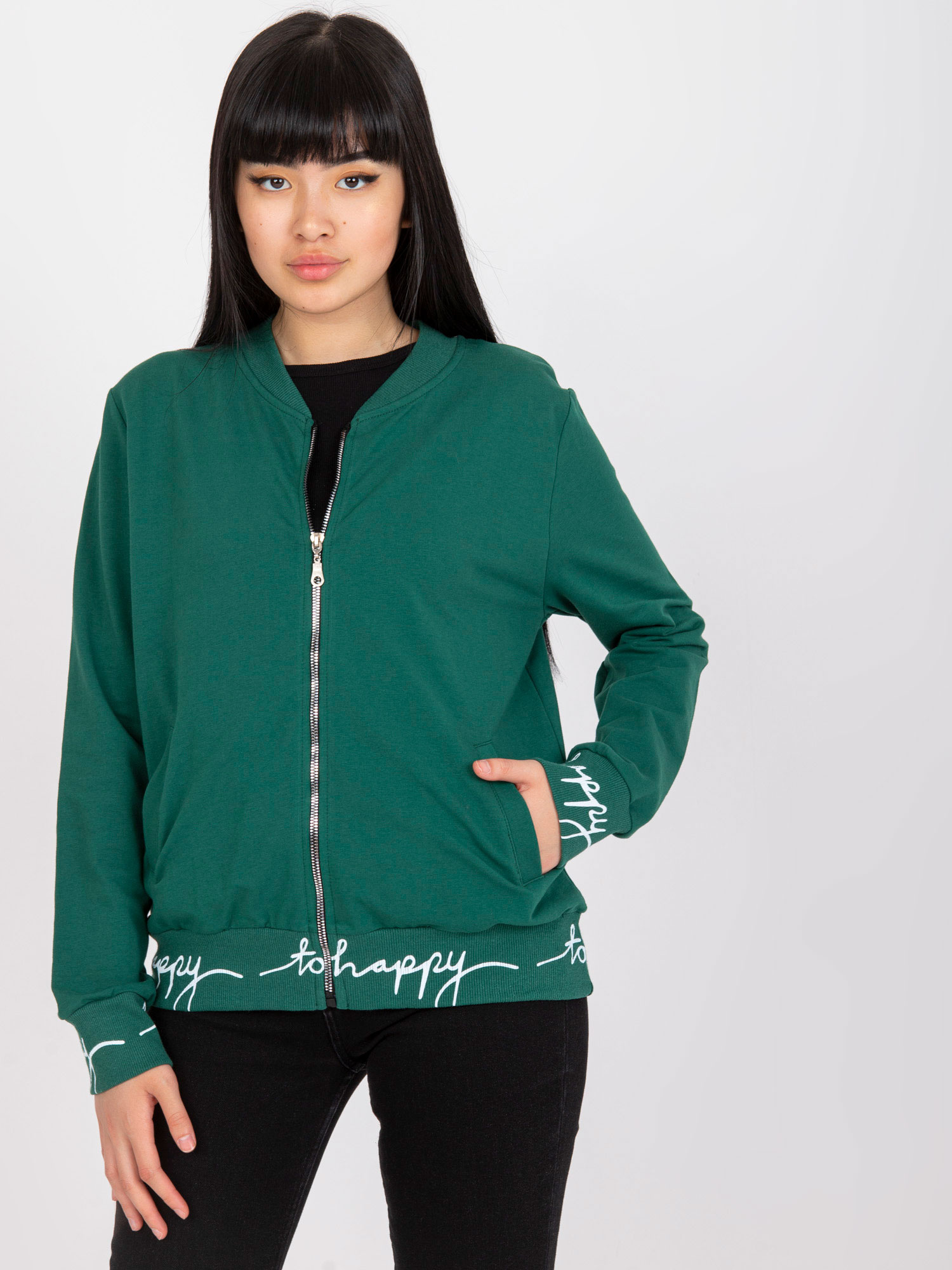 Dark Green Women's Cotton Bomber Sweatshirt 