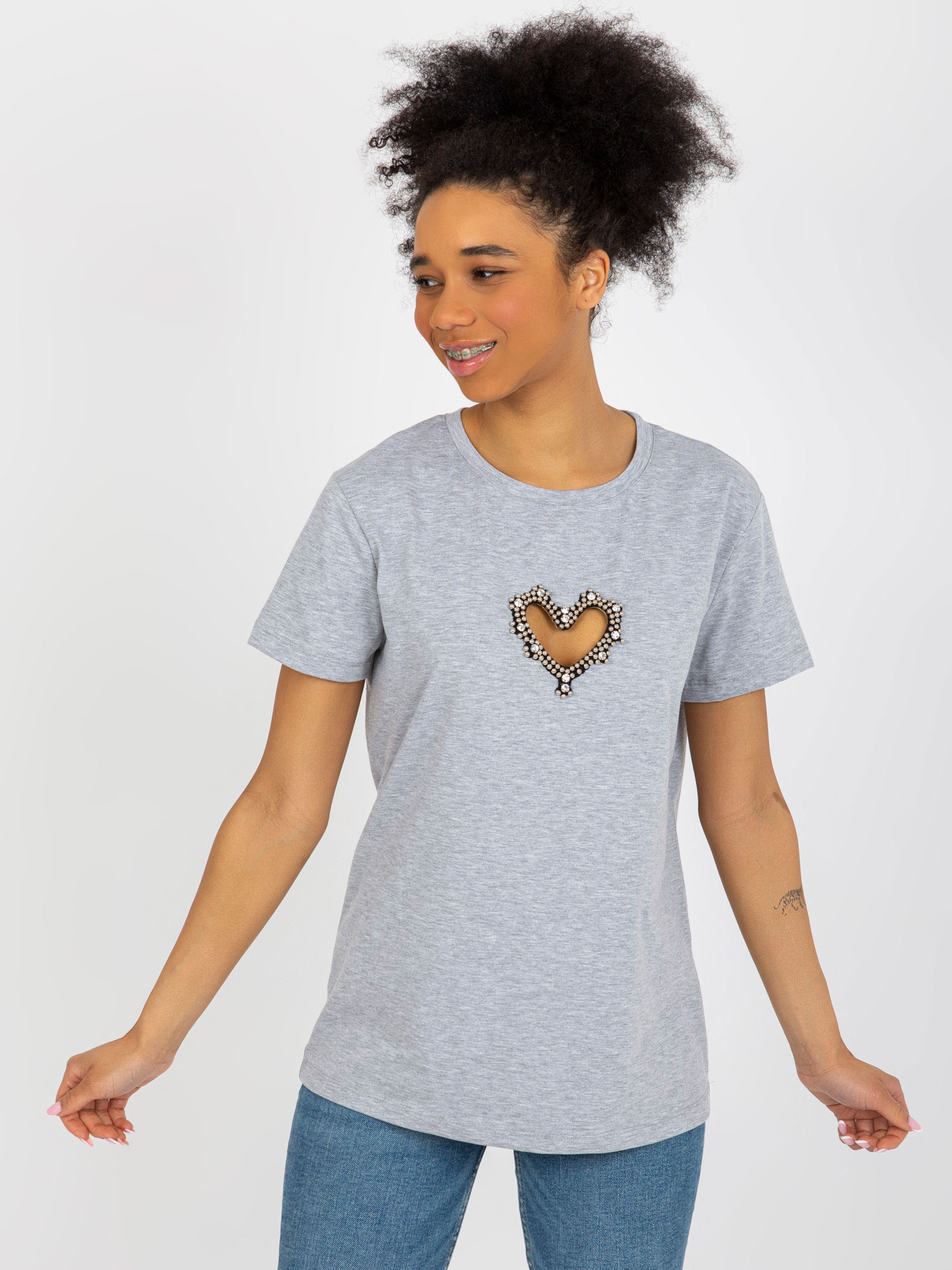 Hurt Gray women's t-shirt with appliqués and cutout.