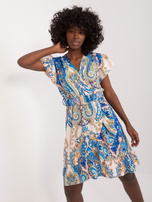 Hurt Niebiesko-beżowa wzorzysta sukienka z falbaną