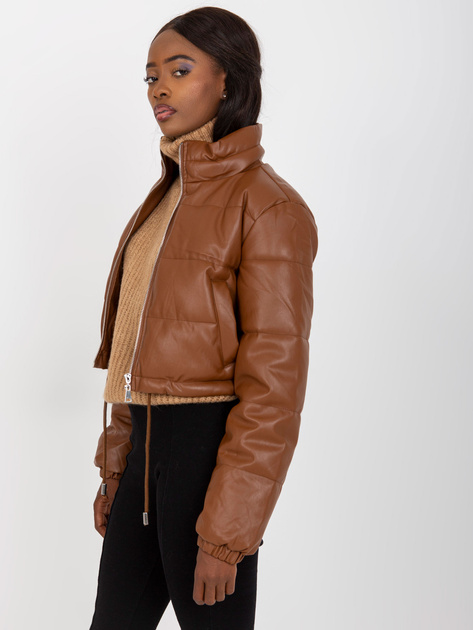 Hurt Brązowa krótka kurtka zimowa ze skóry ekologicznej
