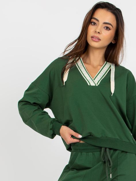 Hurt Ciemnozielony damski komplet casualowy z dekoltem w serek