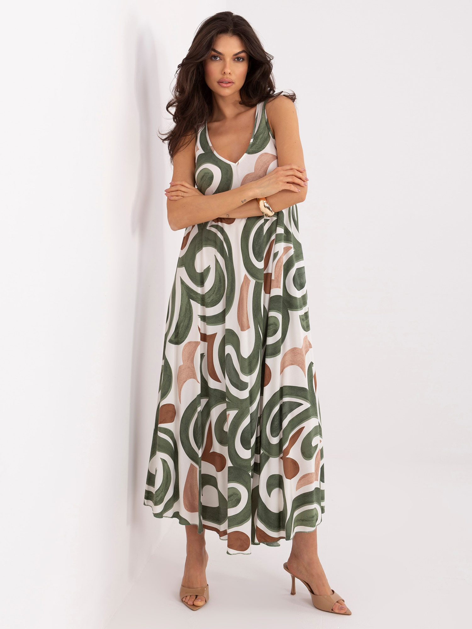 Khaki  trapezowa sukienka z wiskozy