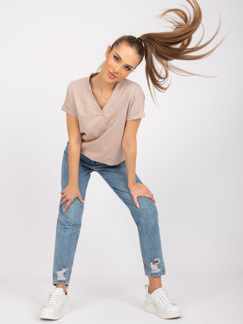 Beżowy t-shirt damski z bawełny Severine
