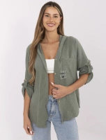 Khaki muslin shirt with a hood.