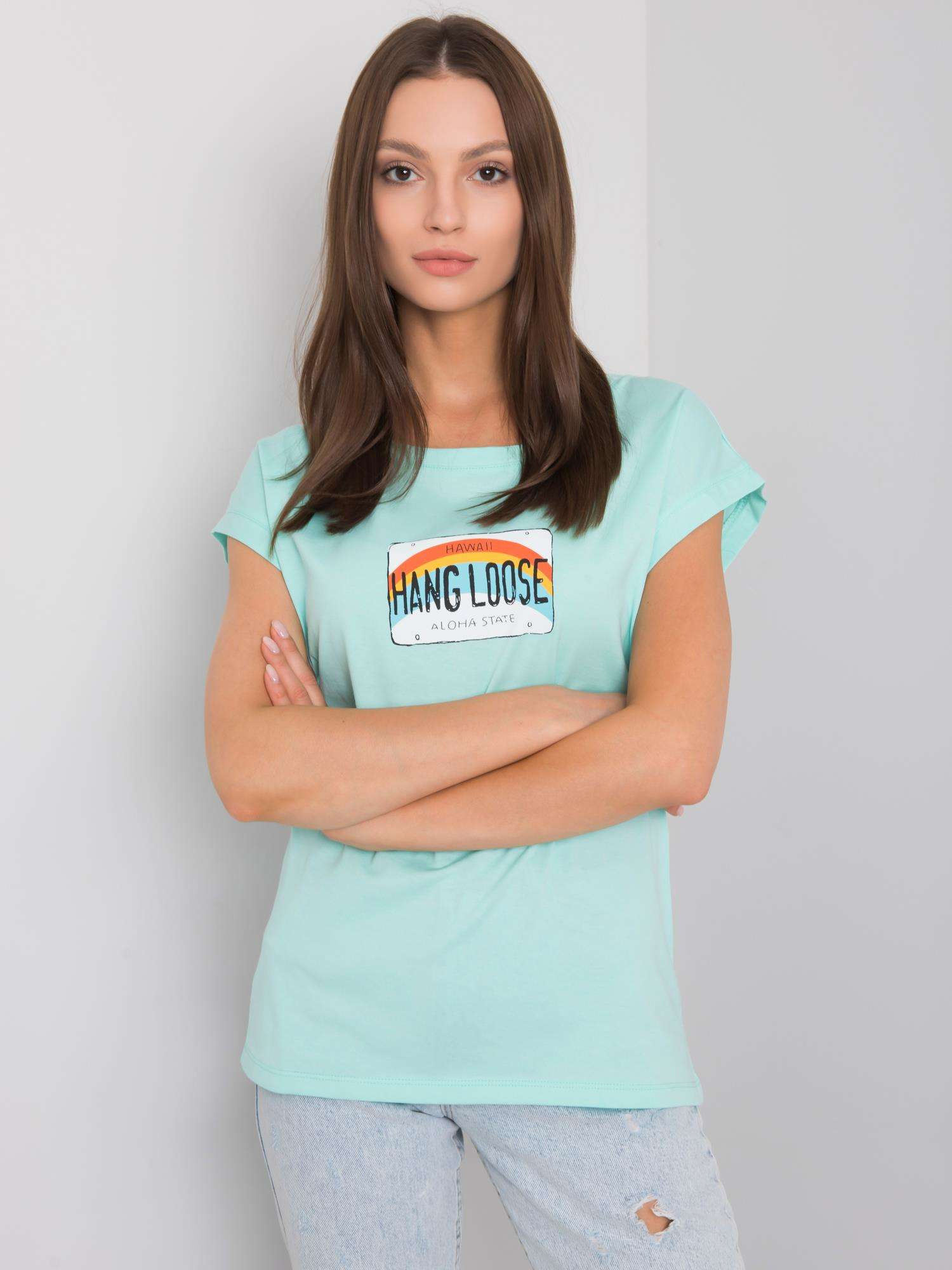 Miętowy t-shirt z nadrukiem Aloha