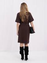 Chocolate knitted dress with short sleeves.