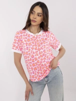 Fluorescent pink and white blouse with a round neckline.