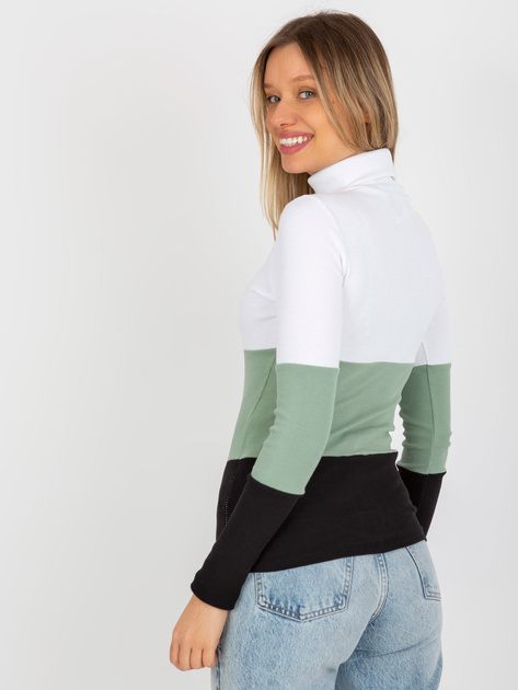 Hurt Ecru-pistacjowa damska prążkowana bluzka basic z golfem