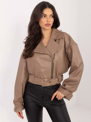 Ciemnobeżowa krótka ramoneska z paskiem RUE PARIS 