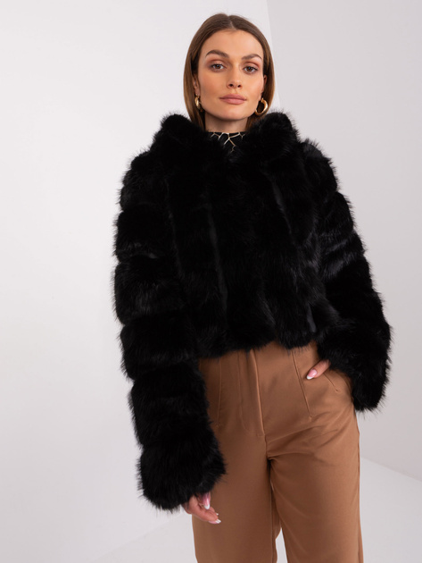 Hurt Czarna damska kurtka przejściowa z eko futerka