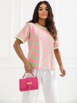 Fluo różowo-jasnozielony t-shirt z okrągłym dekoltem RUE PARIS