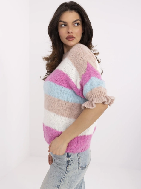Hurt Jasnoróżowo-biały damski sweter w kolorowe paski