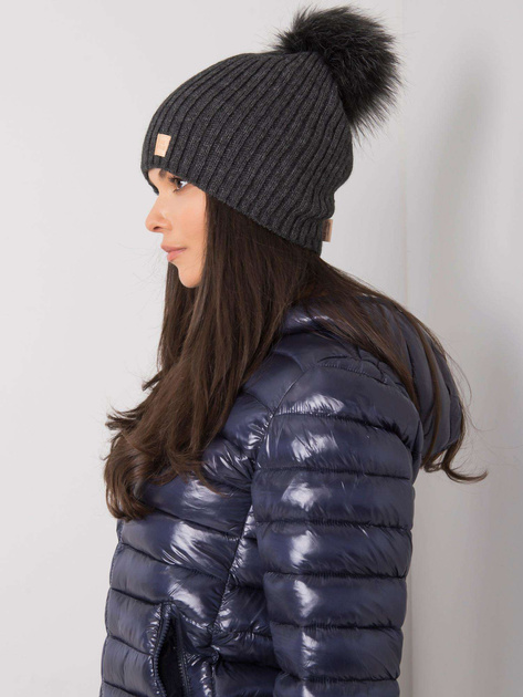 Ciemnoszara ocieplana czapka damska z pomponem