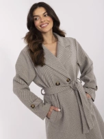 Beige-dark gray women's striped coat.
