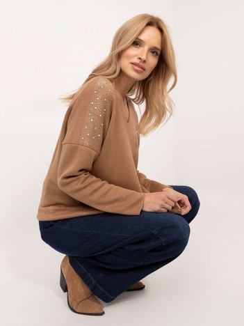 Hurt Camelowy damski sweter oversize z dekoltem V