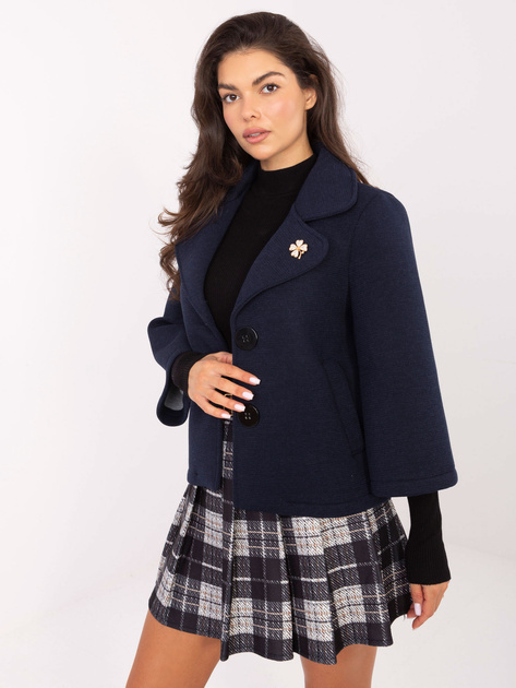 Granatowy damski płaszcz z broszką RUE PARIS